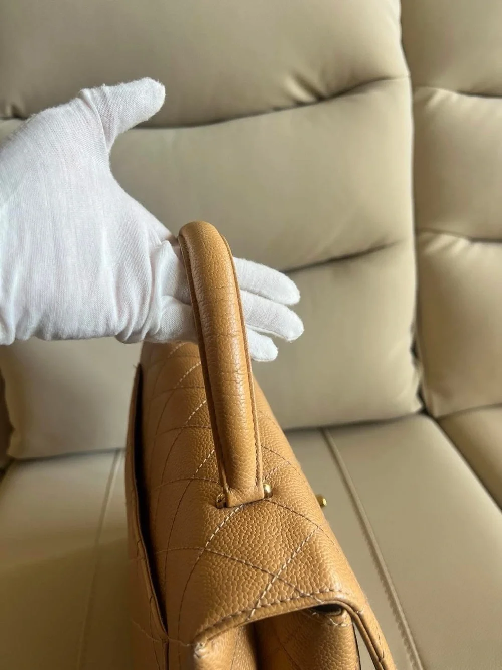 CHANEL Kelly Top Handle Bag Camel Caviar Leather